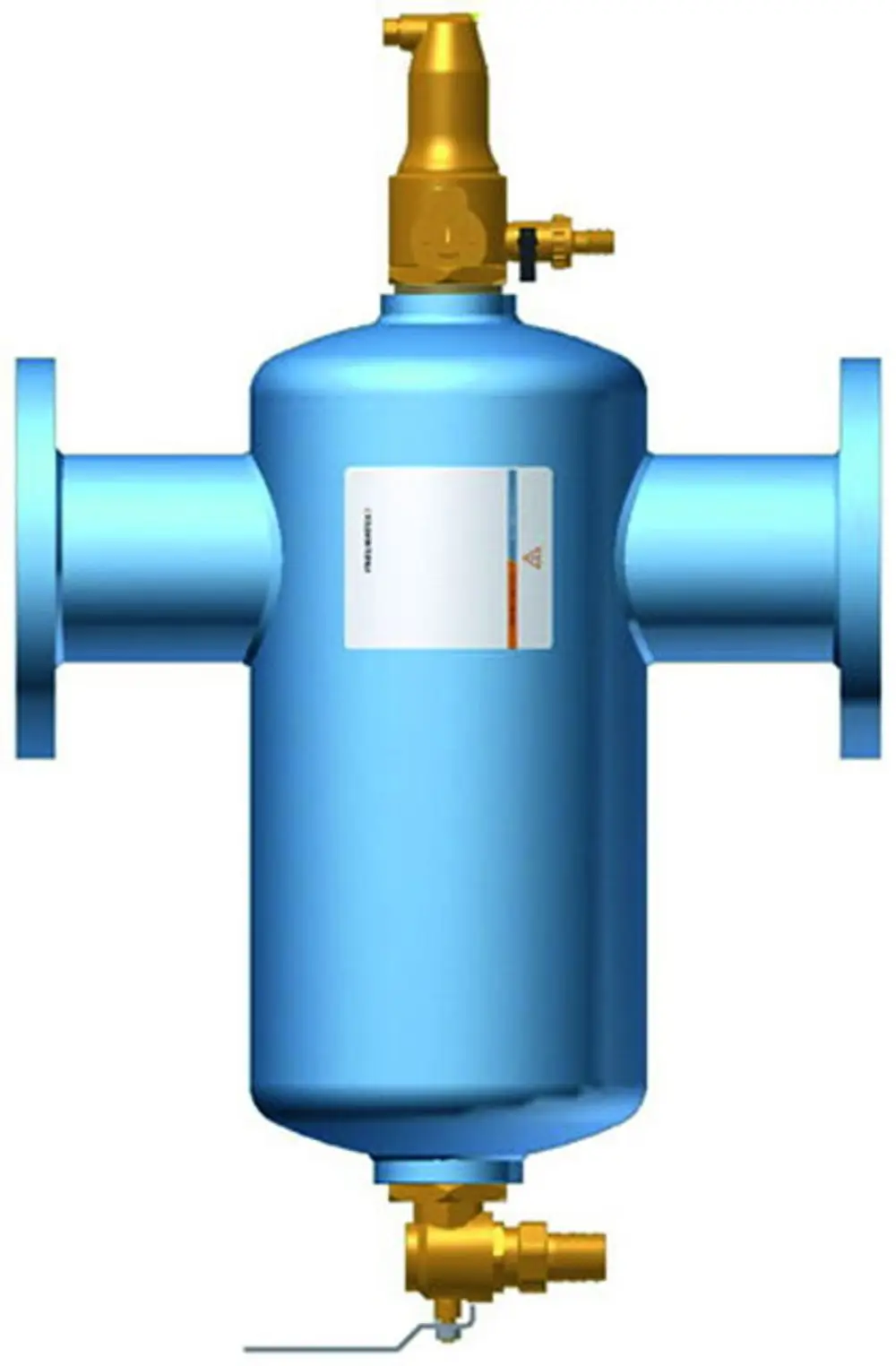 Wasserabscheider mit zwei Anschlüssen, vertikal angebracht. Aluminiumgehäuse in blauer Farbe. Teil von IMI Hydronic Engineering zur Luftabscheidung in Heizungsanlagen.